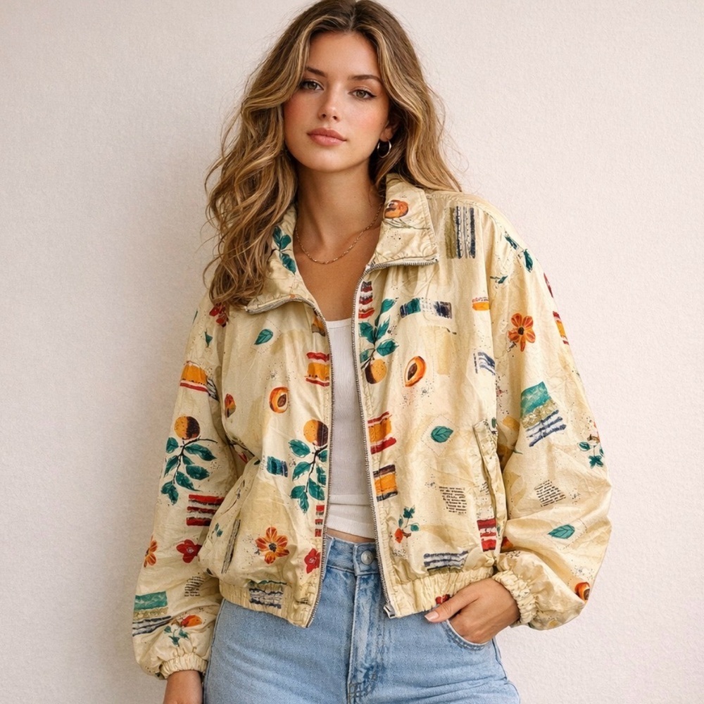 Vintage Wilson Silk Bomber Jacket Women’s XL Botanical Poppies Fruit Peaches 90s